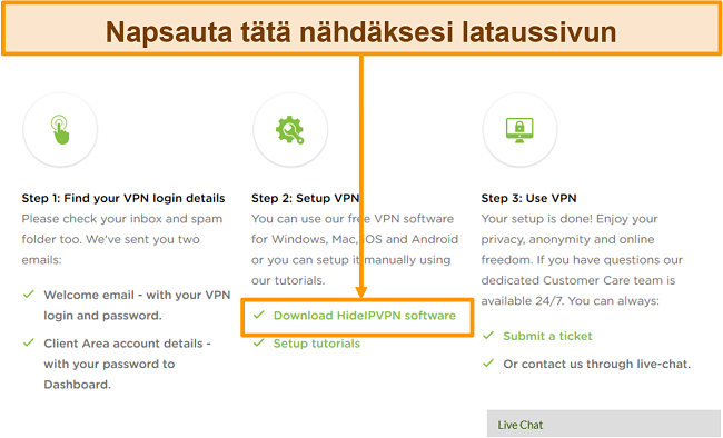 Näyttökuva HideIPVPN-tilin luomisprosessista, jossa sinun on napsautettava 