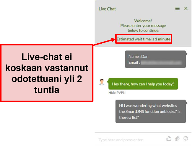 Näyttökuva HideIPVPN-live-chatista ei vastaa.