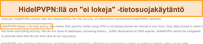 Näyttökuva HideIPVPN: n ei-lokikäytännöstä.