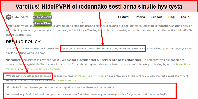 Näyttökuva HidelVPN: n hyvityskäytännöstä