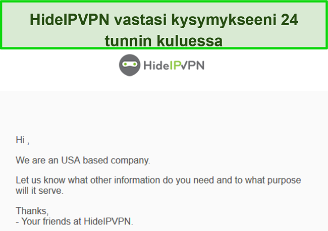 Näyttökuva HideIPVPN: n sähköpostitukesta.