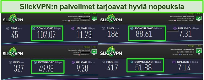 Näyttökuva 4 eri nopeustestistä, kun olet yhteydessä SlickVPN-palvelimiin