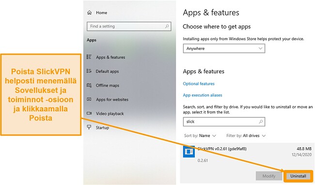 Näyttökuva, joka näyttää SlickVPN: n asennuksen poistamisen Sovellukset ja ominaisuudet -valikossa.