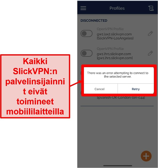 Näyttökuva SlickVPN: stä ei voi muodostaa yhteyttä kaikkiin mobiilisovelluksen palvelimiin