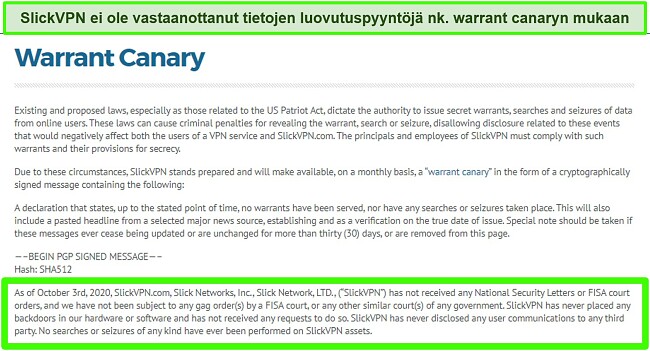 Näyttökuva SlickVPN: n Warrant Canary -ilmoituksesta