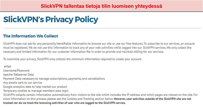 Näyttökuva SlickVPN: n tietosuojakäytännöstä