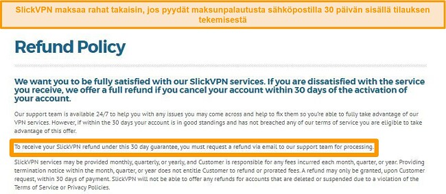 Näyttökuva SlickVPN: n hyvityskäytännöstä