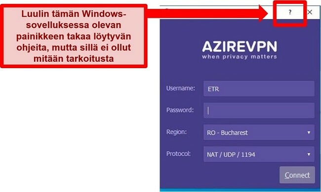 Näyttökuva AzireVPN: n käyttöliittymän aloitusnäytöstä