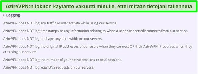 Näyttökuva AzireVPN: n nollalokikäytännöstä