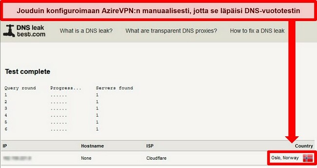 Näyttökuva onnistuneesta DNS-vuototestistä