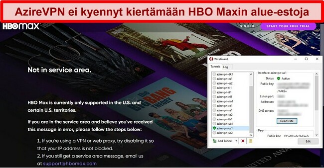  Näyttökuva HBO Maxin välityspalvelinvirheestä, kun yhteys AzireVPN: ään on WireGuardin kautta