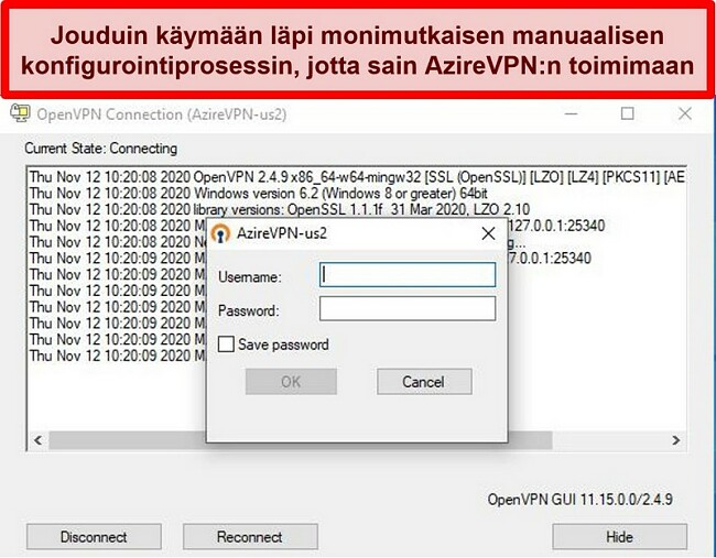 Näyttökuva AzireVPN: n kirjautumiskehotteesta, kun käytät OpenVPN-asiakasta