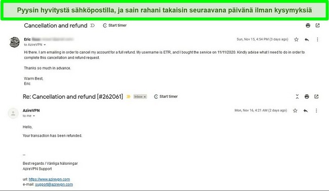 Näyttökuva sähköpostilangasta, joka näyttää AzireVPN-peruutus- ja palautusprosessin