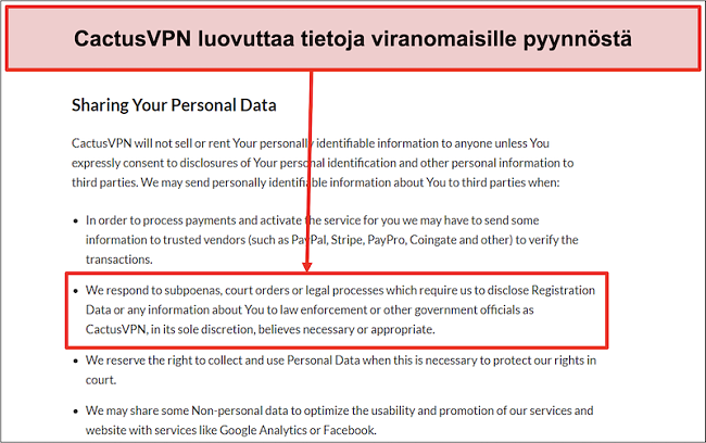 Näyttökuva CactusVPN: n tietosuojakäytännöstä, joka osoittaa, että he luovuttavat tietosi