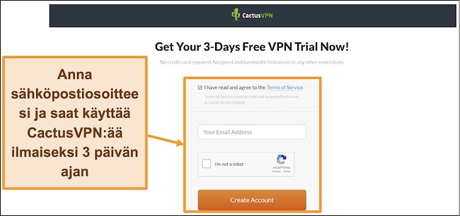 Näyttökuva, joka osoittaa, miten voit rekisteröityä CactusVPN-ilmaiseen kokeiluun
