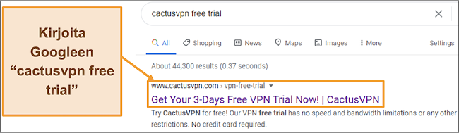Näyttökuva, joka näyttää kuinka löytää ilmainen CactusVPN-kokeiluversio Googlesta