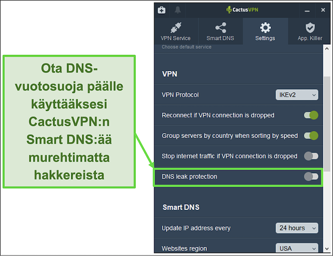 Näyttökuva, joka näyttää kuinka DNS-vuotosuojaus otetaan käyttöön