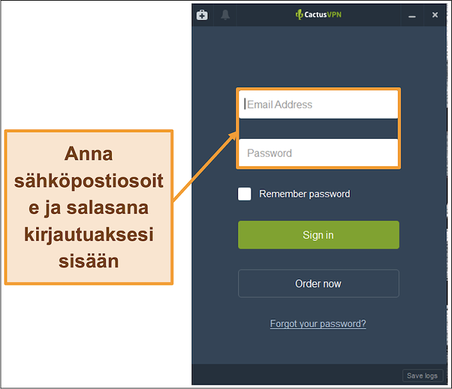 Näyttökuva, joka näyttää kirjautumisnäytön CactusVPN-asiakkaassa