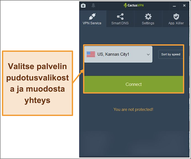 Näyttökuva CactusVPN-käyttöliittymästä, jossa näkyy palvelimen valinnan avattava valikko