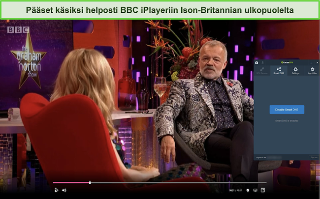 Kuvakaappaus The Graham Norton Show -sovelluksesta onnistui suoratoistamaan BBC iPlayerissä, kun CactusVPN on kytketty