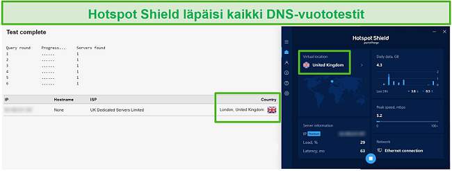 Näyttökuva Hotspot Shieldistä, joka läpäisee DNS-testin ollessaan yhteydessä Ison-Britannian palvelimeen.