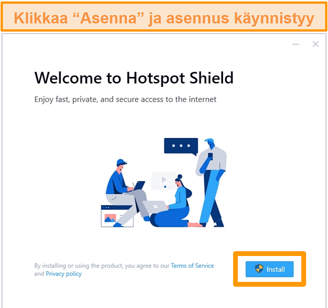 Näyttökuva Hotspot Shield -asennusnäytöstä Windowsissa.