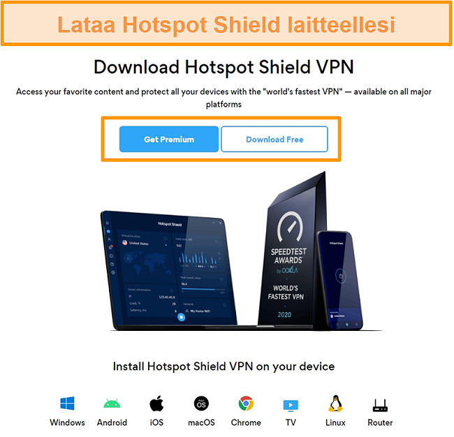 Näyttökuva Hotspot Shield -lataussivulta.