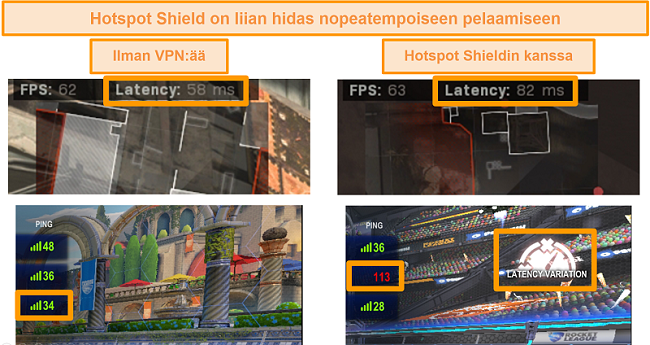 Näyttökuva Call of Duty: Modern Warfare- ja Rocket League -viiveistä, jotka on testattu viiveiden kasvaessa, kun ne on kytketty Hotspot Shield VPN -tietokoneeseen.