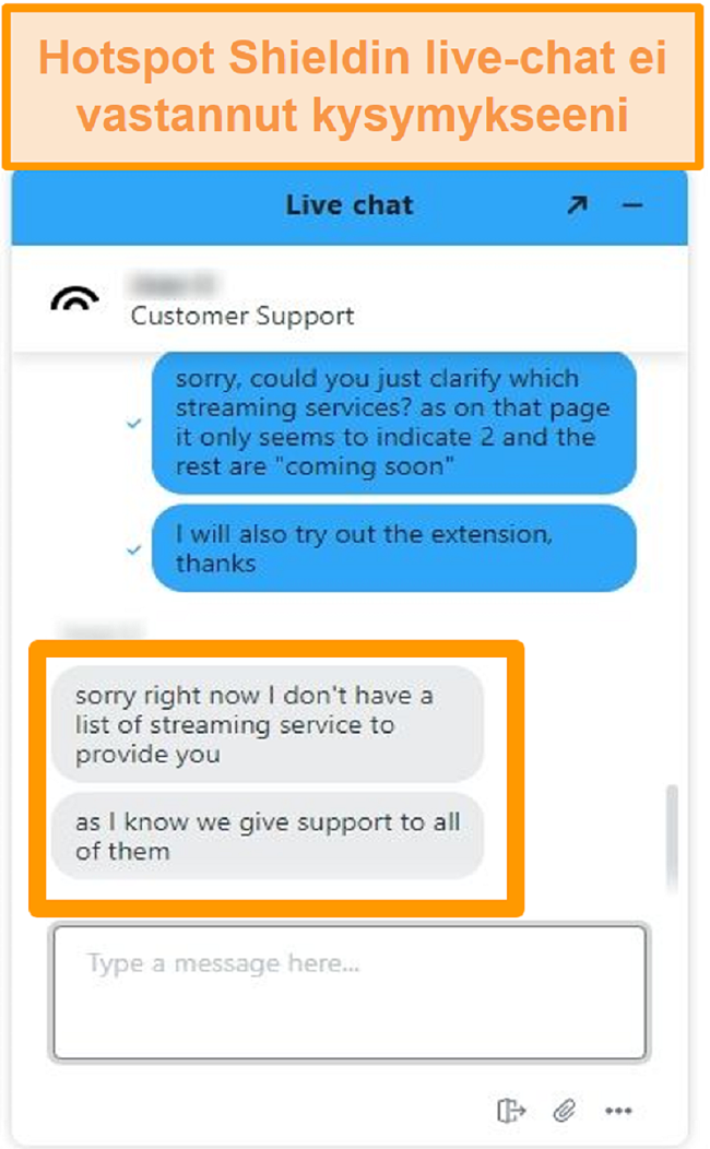 Näyttökuva Hotspot Shield -liven chat-agentista, joka ei pysty vastaamaan kysymykseeni