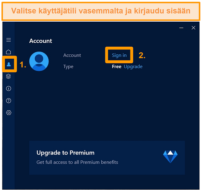 Näyttökuva Hotspot Shield Windows -sovellustilin kirjautumisnäytöstä.