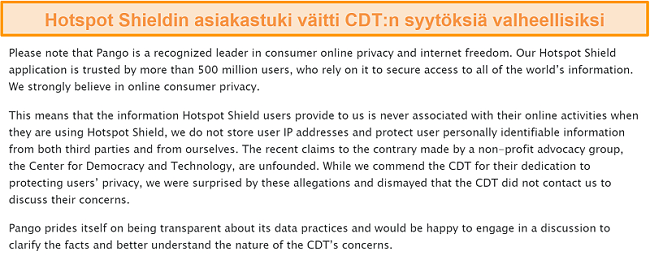 Näyttökuva Hotspot Shieldin sähköpostivastauksesta, kun sitä kysyttiin vuoden 2017 tapahtumasta, johon CDT teki valituksen FTC: lle Hotspot Shieldin tiedonkeruutavoista.