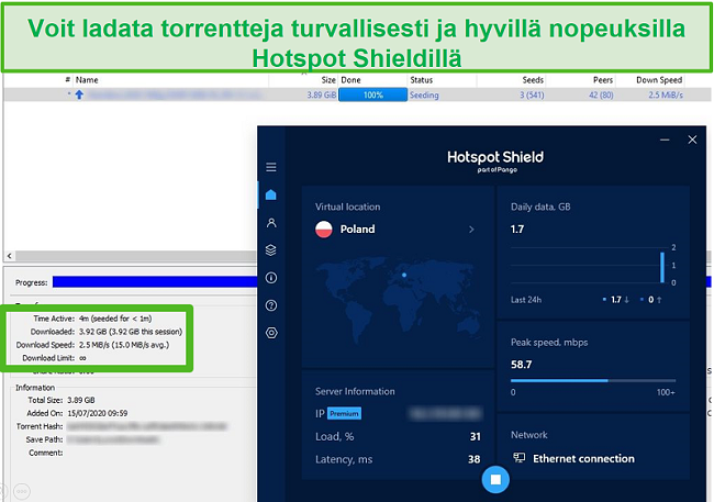 Näyttökuva yhteyden muodostamisesta Hotspot Shieldiin samalla kun torrentit 4GB-tiedostoa alle 4 minuutissa.