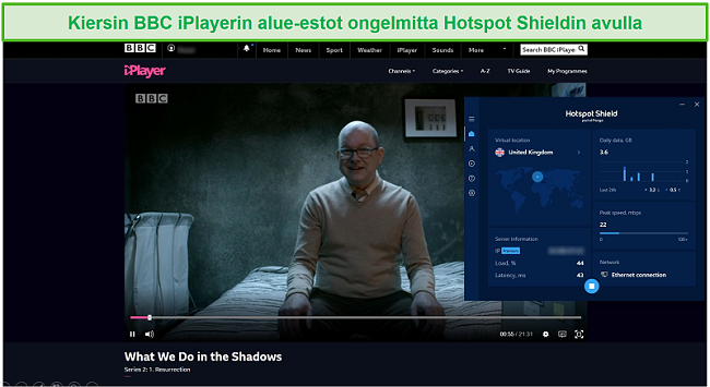 Näyttökuva Hotspot Shield -sovelluksen estosta, mitä BBC iPlayerin varjoissa tehdään.