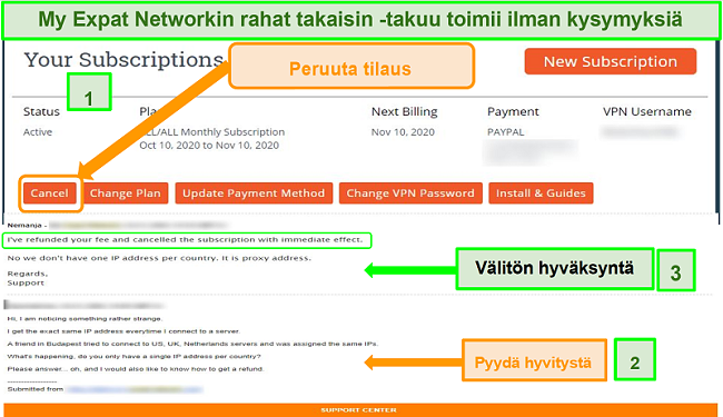 Näyttökuva My Expat Network -hyvitysprosessista