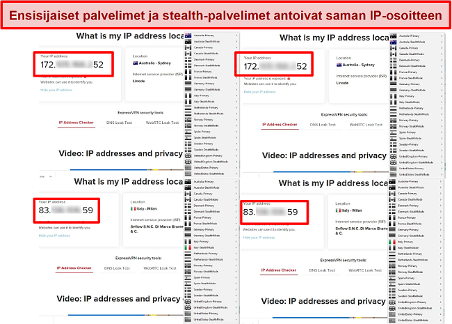 Näyttökuva My Expat Networkin ensisijaisista ja varkainpalvelimista, jotka antavat saman IP-osoitteen