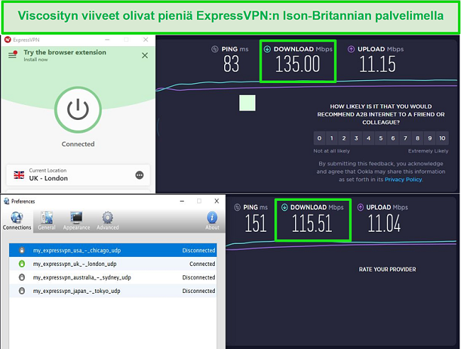 Näyttökuva nopeustestituloksista ollessasi yhteydessä Express VPN: n UK-palvelimiin sekä viskositeetin että ExpressVPN: n kautta