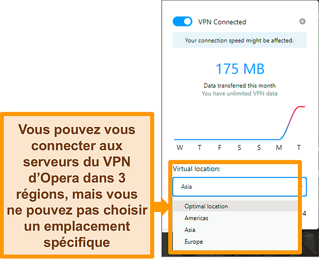 Capture d'écran du menu d'emplacement virtuel d'Opera VPN.