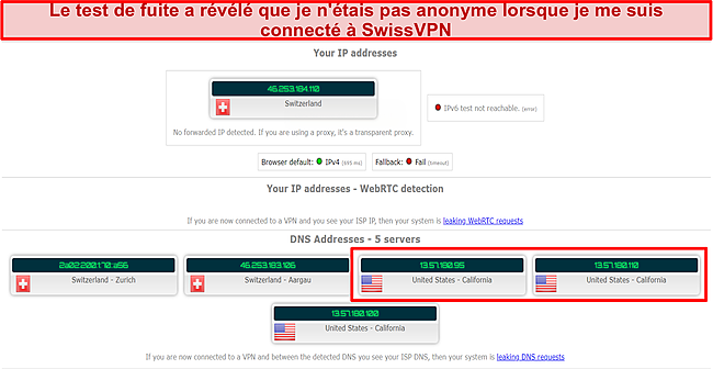 Capture d'écran des résultats du test de fuite lors de l'utilisation de SwissVPN.