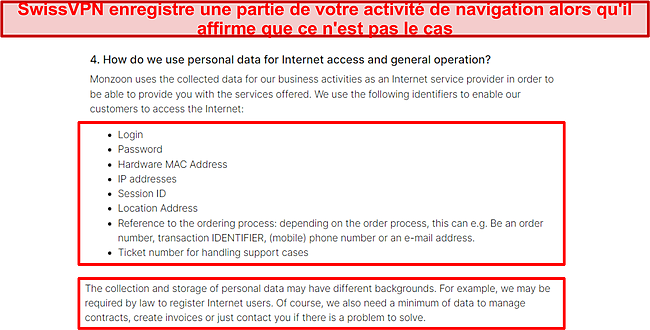 Capture d'écran de la politique de confidentialité de SwissVPN.