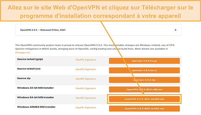 Capture d'écran de la page de téléchargement du fichier d'installation Windows d'OpenVPN.