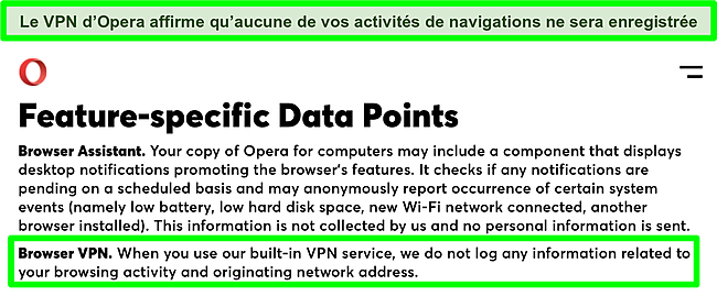 Capture d'écran de la politique de confidentialité d'Opera montrant que le VPN n'enregistre pas les journaux.