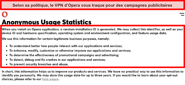 Capture d'écran de la politique de confidentialité d'Opera VPN 