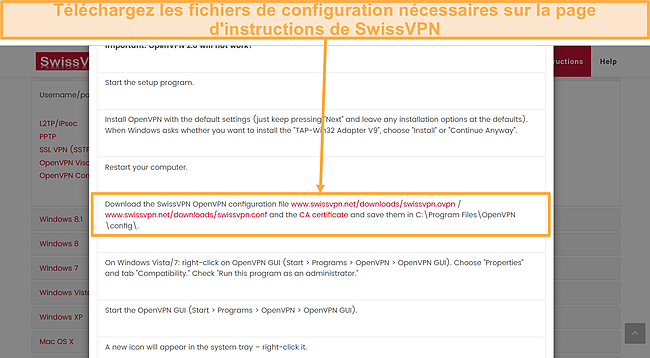 Capture d'écran montrant la page de téléchargement des fichiers d'installation de SwissVPN.