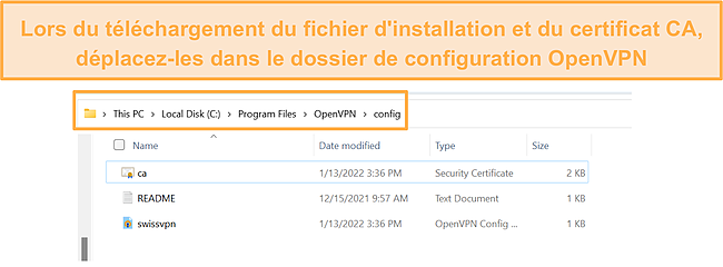 Capture d'écran montrant comment déplacer les fichiers de configuration vers le dossier de configuration OpenVPN.
