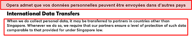 Capture d'écran de la politique d'Opera sur les transferts de données internationaux.