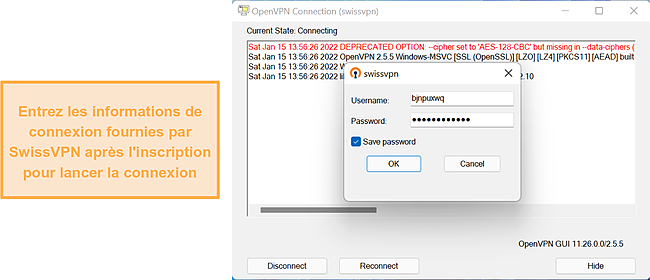 Capture d'écran montrant l'interface de connexion de l'interface graphique OpenVPN.