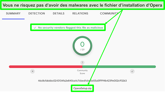 Capture d'écran d'une analyse de malware ne montrant aucun virus trouvé sur le fichier d'installation d'Opera.