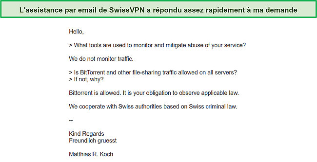 Capture d'écran montrant ma conversation par e-mail avec le support SwissVPN.