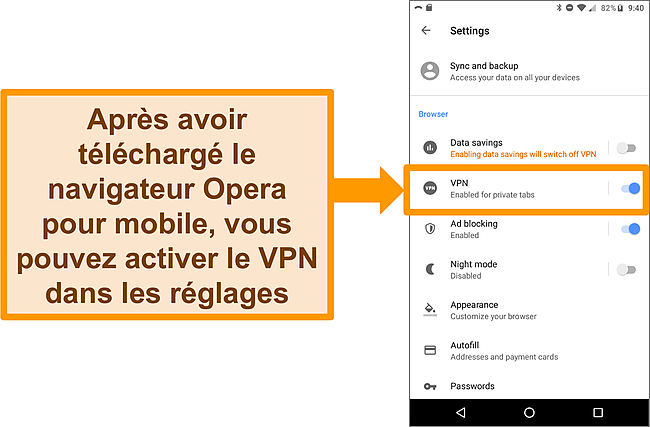 Capture d'écran du menu des paramètres du navigateur Android Opera montrant l'option VPN activée.