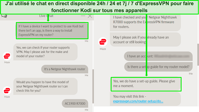 Capture d'écran d'un échange avec le support de chat en direct d'ExpressVPN sur l'utilisation d'ExpressVPN sur un routeur pour travailler avec Kodi